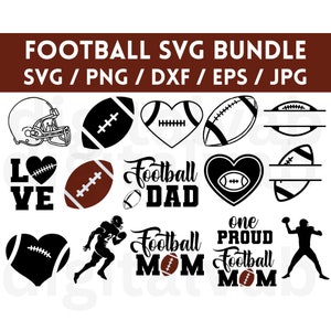 May include: A set of 10 black and white football-themed SVG cut files. The designs include a football helmet, footballs, hearts, and text that says "Football Dad", "Football Mom", "One Proud Football Mom", and "Love Ye".