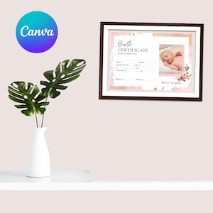 Plantilla de certificado de nacimiento imprimible Certificado de bebé niña y niño Certificado de regalo Certificado de Canva editable, Certificado de nacimiento de hospital