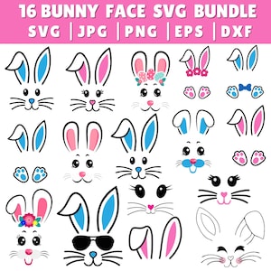 May include: A set of 16 bunny face SVG files for crafting and design projects. The images include various bunny faces with different expressions, ears, and accessories. The text "16 BUNNY FACE SVG BUNDLE" is at the top of the image. The text "SVG | JPG | PNG | EPS | DXF" is below the title.