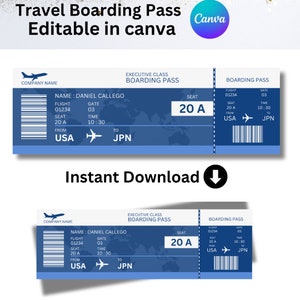 Modello di carta d'imbarco, carta d'imbarco modificabile Canva, biglietti aerei personalizzabili, download istantaneo, carta regalo biglietto aereo