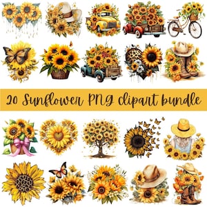 Puede incluir: Una colección de 20 imágenes prediseñadas PNG de girasoles. Las imágenes presentan girasoles en varios arreglos, incluyendo ramos, mariposas y elementos decorativos. Se muestra el texto "20 Sunflower PNG clipart bundle".