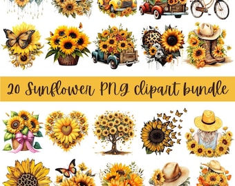 Sunflower PNG Clipart Bundle, Retro Flowers, Positive Quotes (Digital Download)