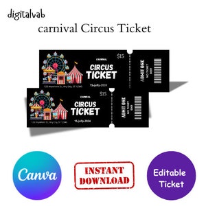 Carnival  circusTicket Template, Carnival  Editable Ticket, Surprise Circus Gift, Customizable and Printable Carnival Ticket,canva etidable,