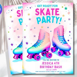 Skate Party Birthday Invitation, Party Invitation, girl, boy, Roller Skating, Retro Neon Lights, Editable Evite Template, Editable Canva
