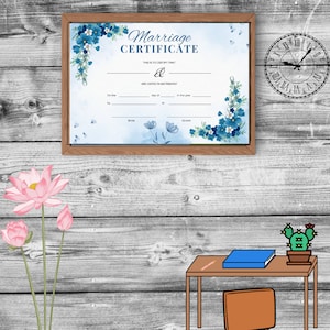 Blaue Blumen Aquarell Heiratsurkunde Vorlage, bearbeitbare Heiratsurkunde, benutzerdefinierte Heiratsurkunde, canva bearbeitbare templat