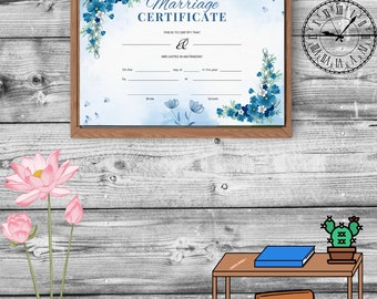 Blue Floral Watercolour marriage certificate template , Editable Marriage certificate,custom certificate of Marriage ,canva Editable templat
