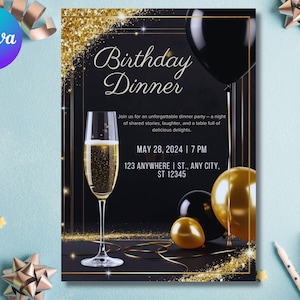 Digital Birthday Dinner Invitation Template, Black Tie Glam Invite, Animated Black Golden Diamond Evite For Men & Women, Self Editable eCard