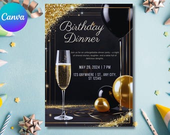 Black Tie Birthday Dinner Invitation: Golden Glam Evite (Digital)