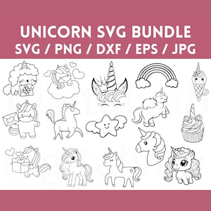 Svg de bundle dessin animé Licorne, Licorne svg, style animal dessinés à la main, anniversaire de la Licorne, Svg de licorne magique, pour Cricut Silhouette, svg fils,