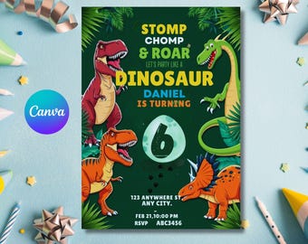 Editable Dinosaur 6th Birthday Invitation: T-Rex Party (Canva Template)