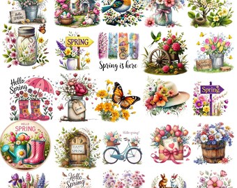 Watercolor Spring Clipart Bundle, Floral Bicycle Birdhouse Graphics (Digital Download)