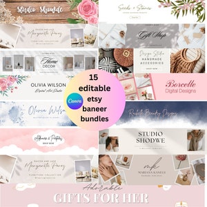 May include: A collage of 15 editable Etsy banner templates for various businesses, including a gift shop, a home decor store, a digital art studio, a jewellery shop, and a furniture collection. The banners feature watercolour floral designs, hand-drawn illustrations, and a variety of fonts.