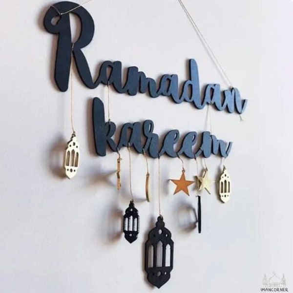 Decorazione Eid Mubarak / Artigianato in legno con luna e stelle / Insegna islamica per la porta della casa / Ciondolo sospeso Celebrazione del Ramadan Kareem / Decorazione festiva musulmana