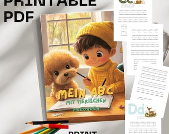 Puede incluir: Cuaderno de trabajo PDF imprimible para aprender el alfabeto con un niño y un perro. El libro se titula "Mein ABC mit tierischen Freunden".