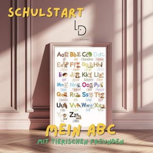 ABC Poster Deutsch Tiere Lernposter Kinderzimmer Alphabet Lernen Vorschule Schulanfang Geschenk für Kinder Grundschule Buchstaben lernen