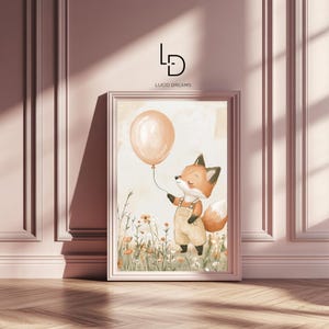 Fuchs mit Ballon – Verspieltes Kinderzimmer Poster mit Fantasie & Charme Physisches Produkt Druck Wandposter Kind Geschenk zur Geburt Safari