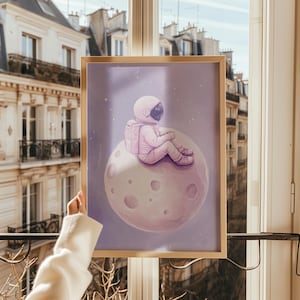 Pink Astronaut Moon Print | Dreamy Nursery Wall Art | Surreal Wall Art | Statement Poster