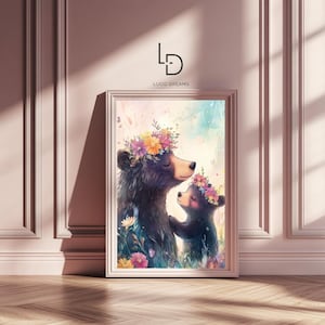 Poster con mamma e bambino con orso, decorazione da parete per cameretta dei bambini, stile boho, illustrazione floreale della famiglia di orsi.