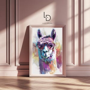 Colorful Cool Llama Poster – Funky Llama Wall Art with Sunglasses nursery wall art kids room decor baby animal print cute animal poster