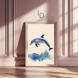 Ocean Leap – Poster da parete con delfino blu tra le onde, decorazione per cameretta dei bambini, stampa di animali carini