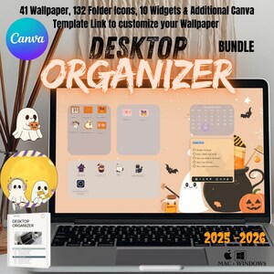 Könnte beinhalten: Ein Laptop-Bildschirm zeigt ein Halloween-Themen-Desktop-Organizer-Bundle. Der Bildschirm zeigt einen Kalender, eine To-Do-Liste und verschiedene Symbole. Der Text auf dem Bildschirm lautet "Desktop Organizer" und "2025-2026". Zusätzliche Elemente sind ein Canva-Logo und dekorative Aufkleber.