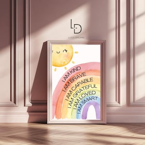 Poster con affermazione arcobaleno per bambini: sono gentile, coraggioso, amato / Arte murale colorata per cameretta e sala giochi / Stampa con citazione motivazionale sul sole