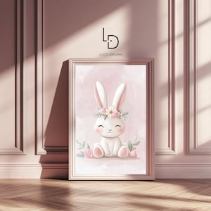Floral Bunny Nursery Poster – Pink Rabbit Wall Art for Kids Room nursery wall art kids room decor baby animal print cute animal poster