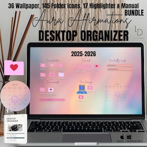 Könnte beinhalten: Ein Laptop mit einem Desktop-Organizer mit dem Text "Aura Affirmations Desktop Organizer." Der Bildschirm zeigt einen Kalender, Ordnersymbole und den Text "2025-2026." Zusätzliche Elemente sind eine rosa Ordner mit einem Herz, ein Kalender und ein Handbuch.