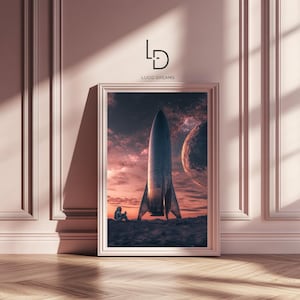 Riflesso del decollo - Astronauta e razzo al tramonto Arte murale Spazio Amore Razzo Universo Estetica audace della parete