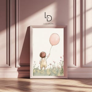 Piccolo esploratore – Poster da parete per la cameretta dei bambini con bambino e palloncino rosa, decorazione da parete per la cameretta dei bambini, stampa di animali carini.