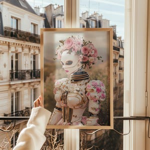 Impresión floral de robot con IA – Vintage Rose Tech, arte infantil