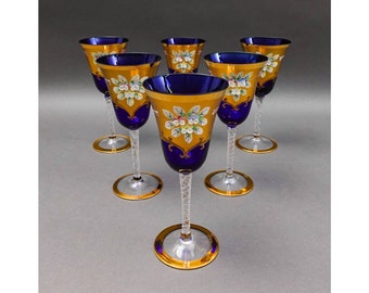 Tre Fuochi Venetian Murano Glass Cobalt Blue 24K Gold Wine Glasses Set Of 6