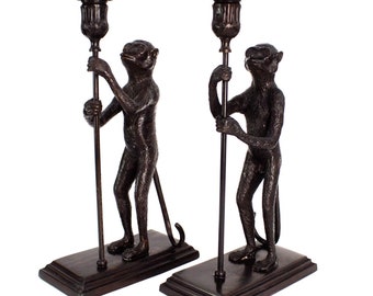 Maitland Smith Heavy Bronze Monkey Candlesticks Candle Holders Vintage Set of 2