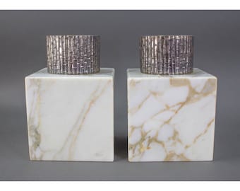 Modernist Plated Bamboo Motif Marble Base Candle Holder Pair Vintage Minimalist