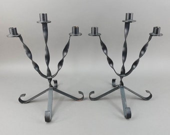 Pair Of Vintage MCM Twisted Wrought Iron Candle Candlesticks Candelabras