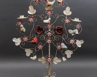 Scultura candelabro in metallo raffigurante l'Albero della Vita, arte popolare messicana vintage, 24 pollici