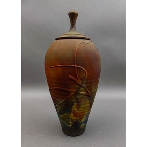 Kerry Gonzalez Signed Copper Matte Raku Art Pottery Lidded Vessel Urn Jar 16"