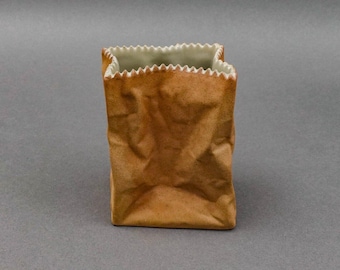 Rosenthal Germany Tapio Wirkkala Pop Art Crinkle Brown Paper Bag Vase 4 1/2"