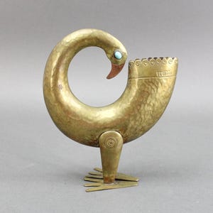 Joaquin Taller Tinta Ecuador MCM Brass Bird Metal Art Sculpture Turquoise Eyes image 2