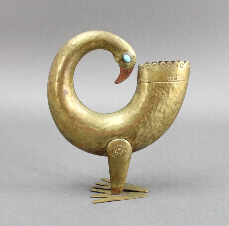 Joaquin Taller Tinta Ecuador MCM Brass Bird Metal Art Sculpture Turquoise Eyes image 2
