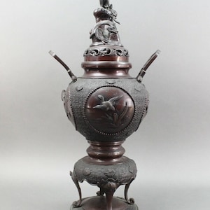 Monumental Antique Japanese Bronze Censer Koro Incense Burner Eagle Dragon