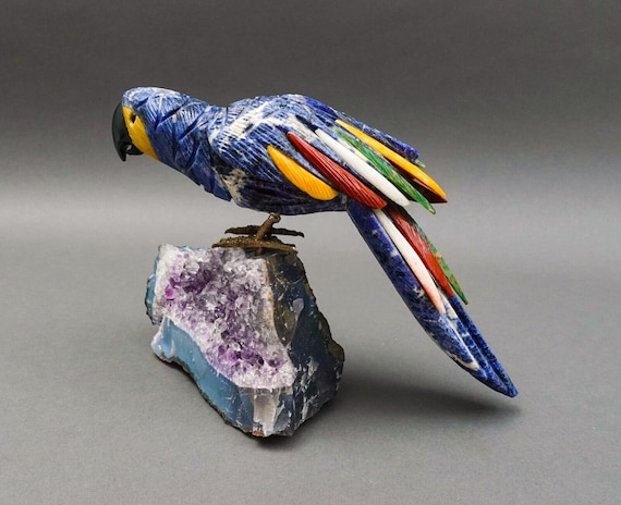 オウム コンゴウインコ 鳥 手作り 彫刻 宝石 アメジスト ベース 彫刻
