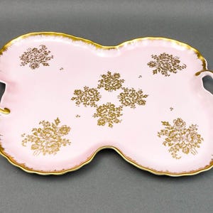 Limoges France Antique Hand Painted Pink Gold Gilt Floral Porcelain Handle Tray