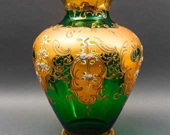 Tre Fuochi Italian Venetian Murano Glass Bohemian Emerald Green Gold Floral Vase