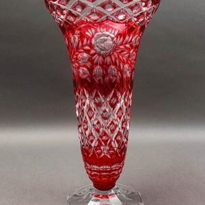 Boho Crystal Vintage Cranberry Rood Gesneden tot Clear Footed Art Glazen Vaas 13,75&quot;