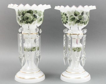 German Bohemian Hand Painted Glass Floral Mantle Lusters With Crystal Prisms VTG