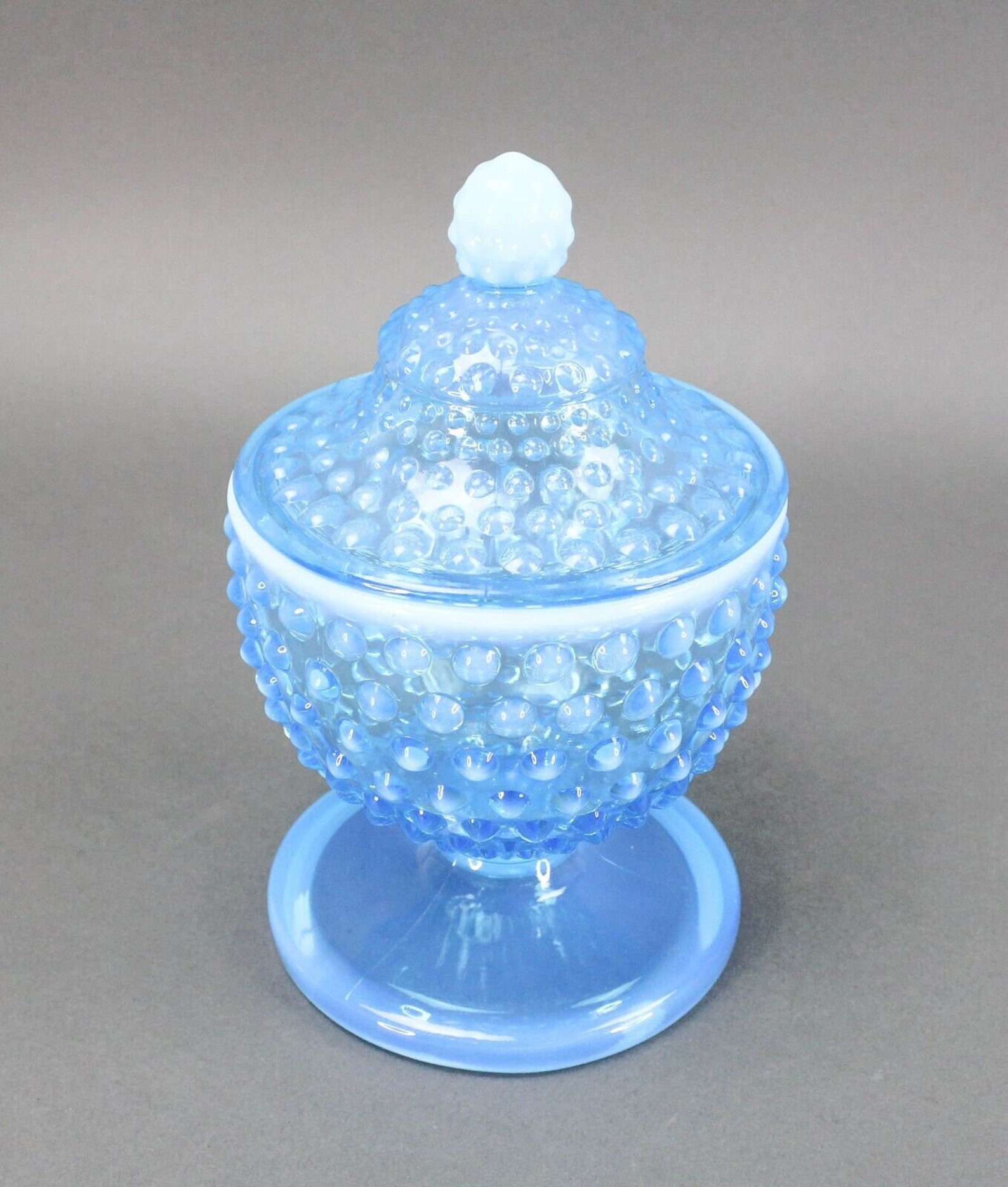 Fenton Blue Opalescent Hobnail Footed Covered Candy Dish Jar With Lid 7 ...