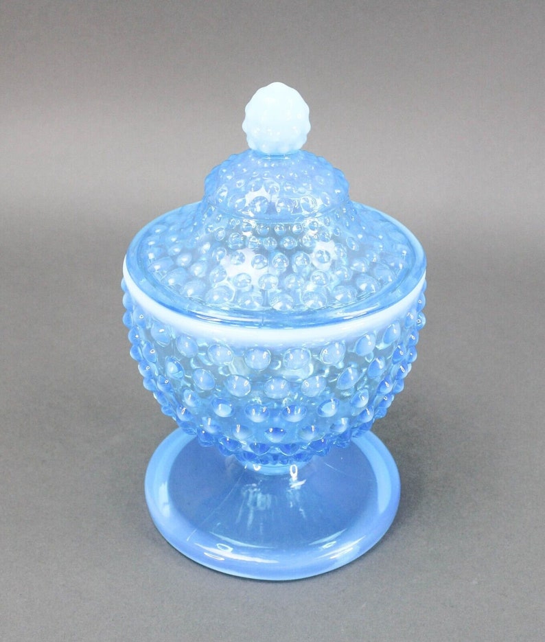 Fenton Blue Opalescent Hobnail Footed Covered Candy Dish Jar With Lid 7 ...