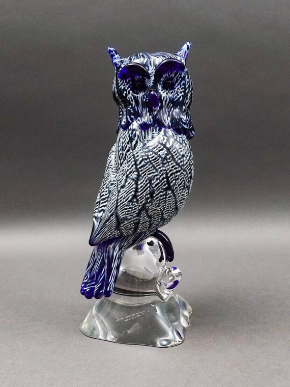 Seguso Viro Signed Large Blue & White Murano Glass Owl Figurine