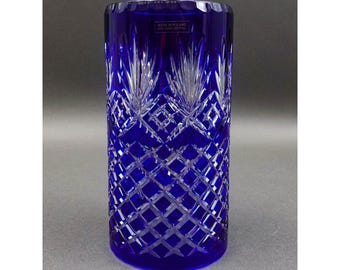 Vintage Cobalt Blue Cut To Clear Crystal Glass Hurricane Candle Holder Vase 8"